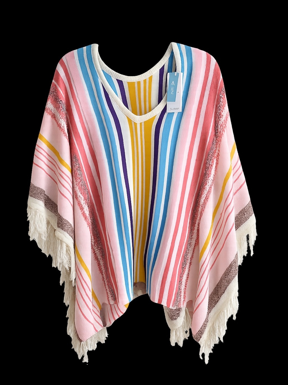 Striped Fringe Cover UP Poncho in Pink, Blue & Yellow